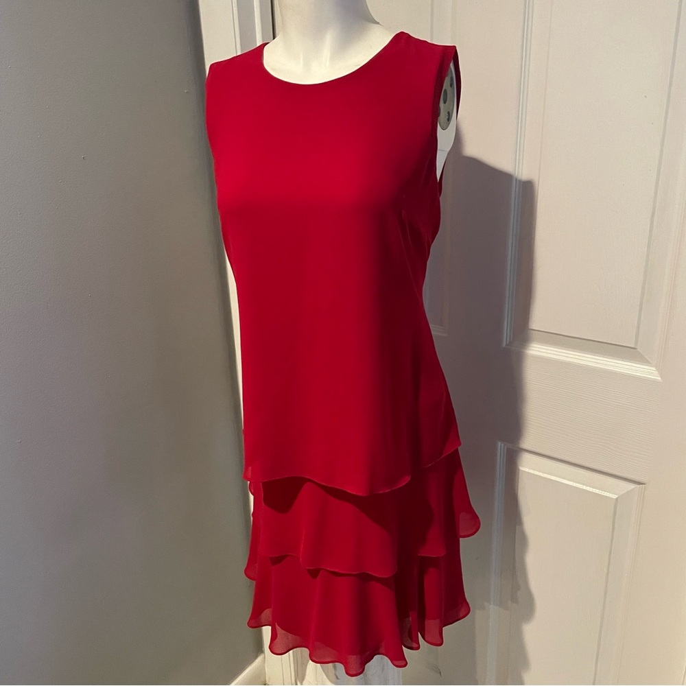 LAUREN RALPH LAUREN RED TIERED SHEATH FLOUNCE DRESS S/6